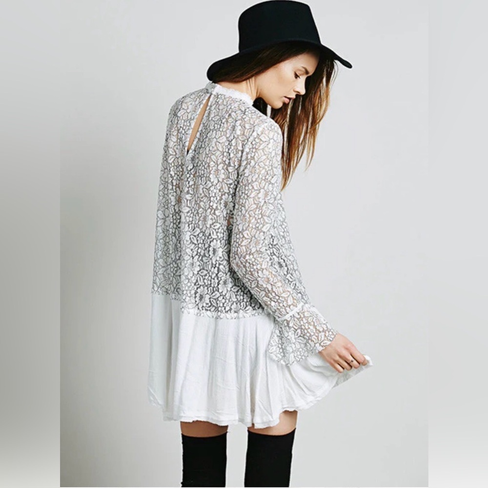 Free People Tell Tale Lace Tunic Mini Dress Ivory Black XS Boho Lace​ - Picture 7 of 7
